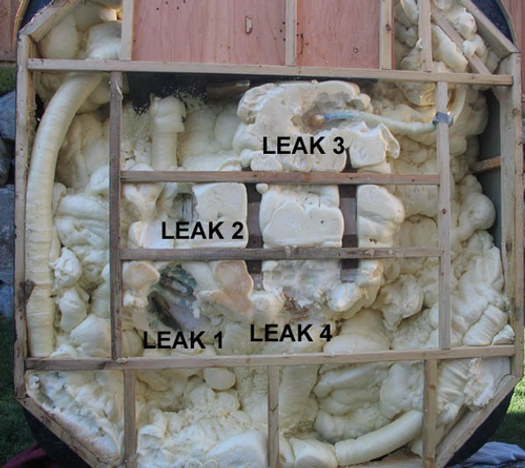 Leaky full foam hot tub, showing the location of multiple hard to find leaks.