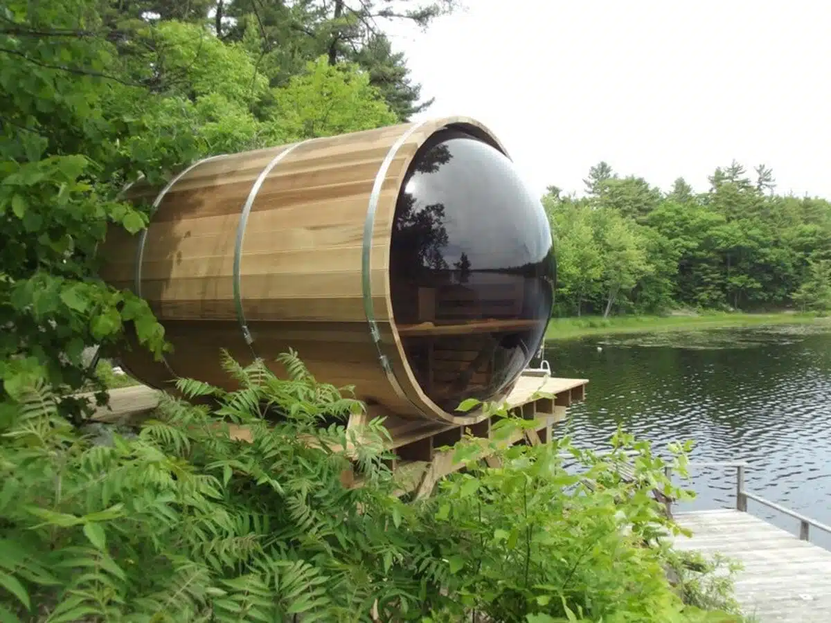 Leisurecraft Panoramic View Barrel Sauna overlooking Lake