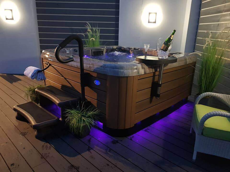 Hot Tub Accessories including Stairs, Hand Hold, Wine Shelf, and Underlighting.