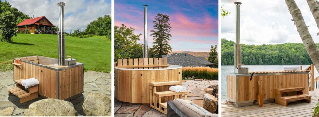 Wood Fired Hot Tub Hero Image of 3 different spas