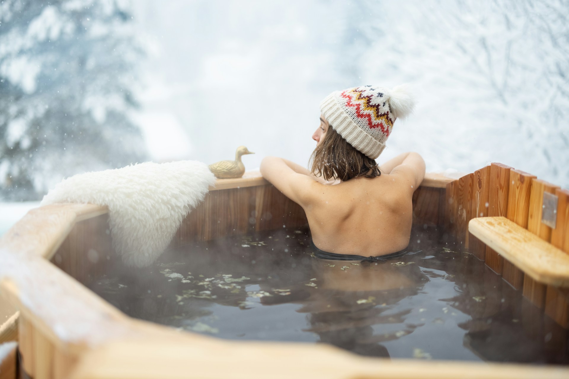 winter backyard hot tub