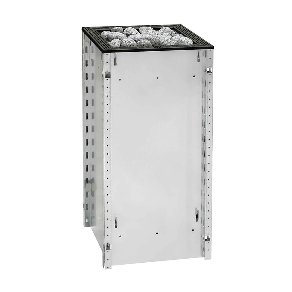 HUUM CORE sauna heater at an angle, showing silver metal sides and a black rim around the stones