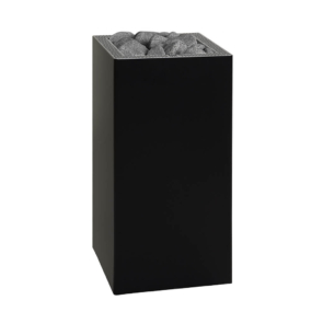 Angled view of black HUUM CORE Electric Sauna Heater showing its side panel and stone-filled top