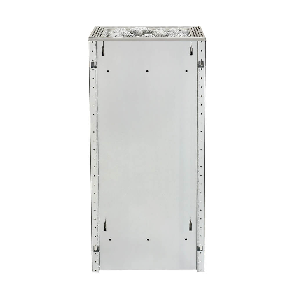 HUUM CORE sauna heater viewed straight on with silver metal casing and stones visible at the top