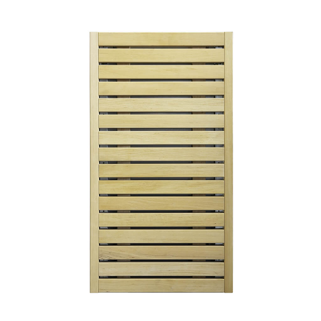 HUUM CORE sauna heater panel in golden alder with horizontal slats, shown from the front