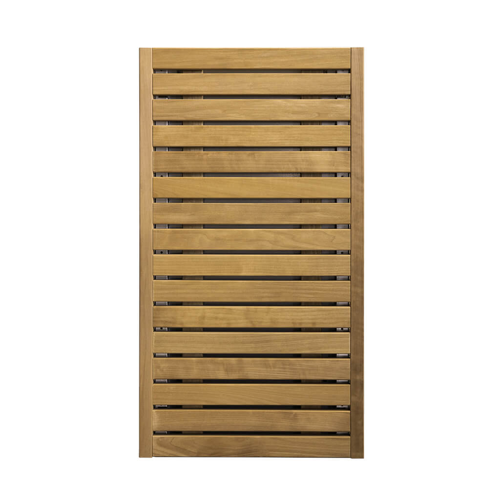 HUUM CORE sauna heater panel in brown thermo-aspen with horizontal slats, shown from the front