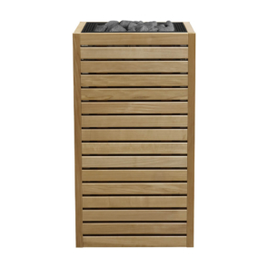 HUUM CORE sauna heater front view with brown horizontal wood slats and exposed stones at the top