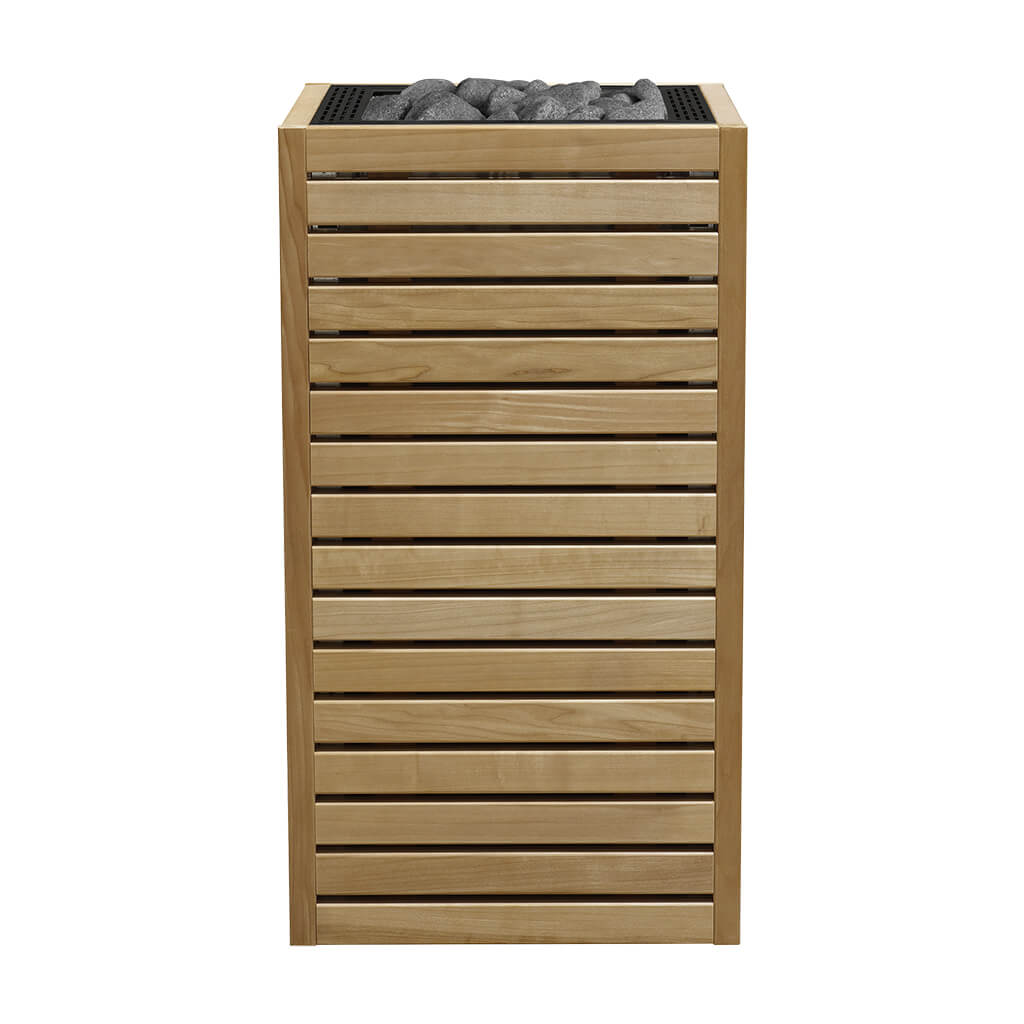 HUUM CORE sauna heater front view with brown horizontal wood slats and exposed stones at the top